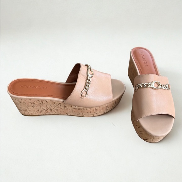 COACH Wendie Leather Cork Wedge Slide Sandals - Beechwood - 11B - Picture 2 of 5